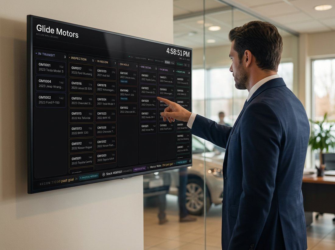 A manager reading the live recon board on a wall-mounted monitor in a dealership